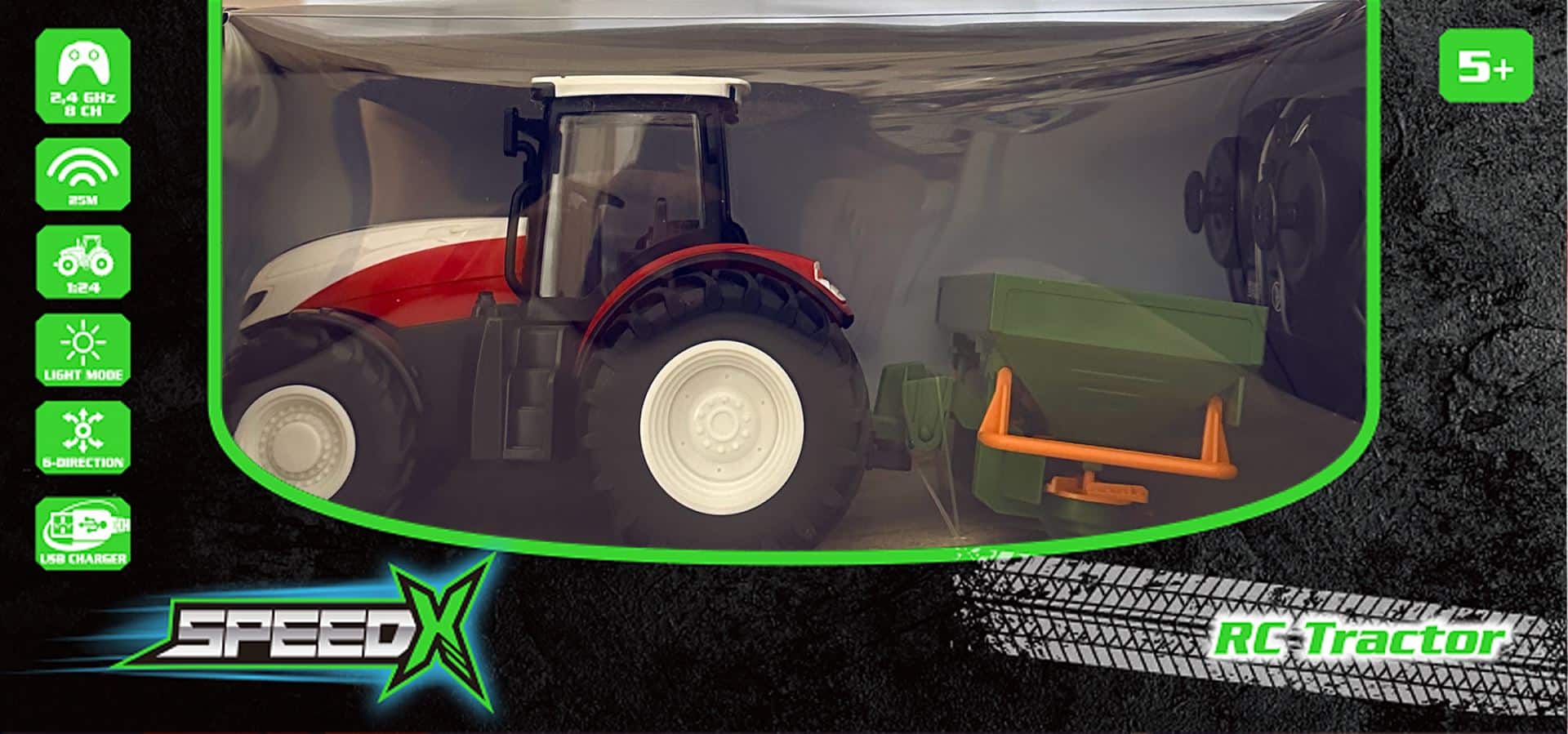 PowerX-kauko-ohjattava traktori, jossa on siemenvaunu 1 PowerX-kauko-ohjattava traktori, jossa on siemenvaunu